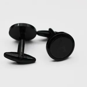 Men's black round metal letter cufflinks, copper electroplated business minimalist style cuff links.