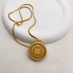 Retro gold plated filigree hollow pendant necklace, Chinese style elegant snake chain.