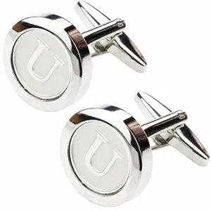 Men's silver metal round cufflinks with letter U design, classic formal shirt accessories for business.