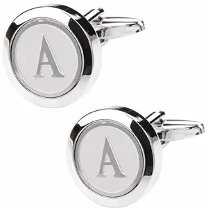 Men's luxury french dress shirt cufflinks featuring engraved initial letter A in silver.