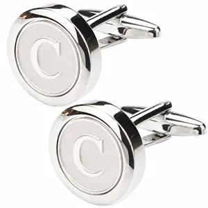 Detailed view of high-end silver tone mens initial letter C french dress shirt cufflinks.