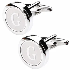 Close-up detail of silver men letter G round metal cufflinks with polished finish.