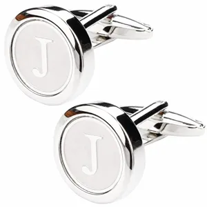Men's stylish silver metal alphabet letter J cuff links for formal dress shirts and suits.