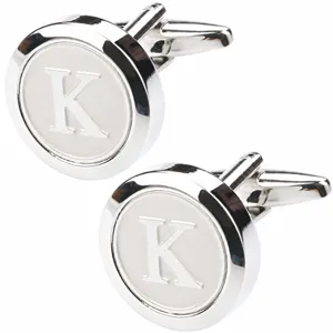 Silver tone metal cuff links featuring letter K detail, perfect for men dress shirts.