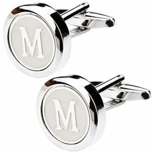 Silver tone round initial letter M cufflinks for men french dress shirts details close up