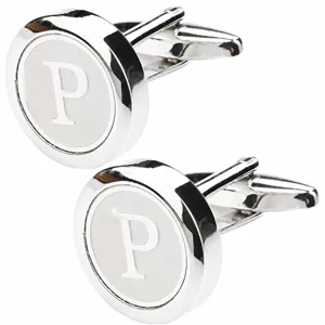 Men silver round initial letter P French shirt metal cufflinks detailed product view image