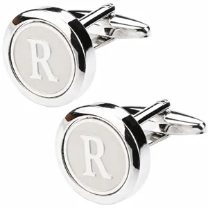 Silver tone metal round cufflinks for men with elegant letter R monogram detail french shirt.