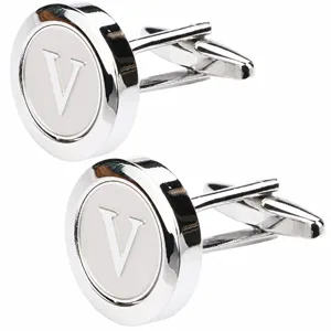 Silver tone metal cuff links for men featuring letter V design, elegant detail shot.