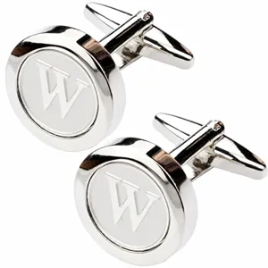 Detailed close-up of a silver-tone men's cufflink featuring a classic letter W design.