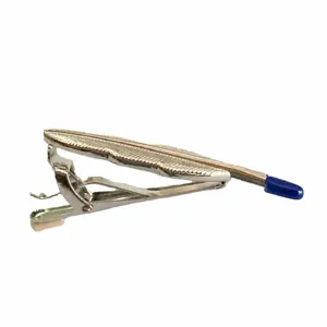 Silver feather tie clip with alligator spring clasp and protective cap for men formal wear.