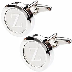 Detailed view of silver metal round cufflink with letter Z design for men dress shirts.