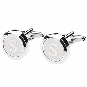 Men's elegant silver-tone metal round letter S initial french shirt business cufflinks.