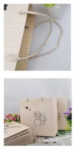 Wood grain paper gift bag featuring cute couple illustration, ideal for gift packaging.