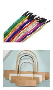 Colorful braided bag handles and twisted paper rope handles with cardboard patches for gift bags.