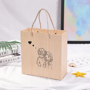 Creative wood grain paper gift bag with cute couple illustration and handles for packaging present.