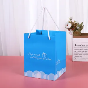 Vista detallada de la bolsa de regalo de papel azul con asa blanca y caja impresa.