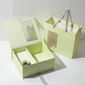Light green gift box set with window magnetic lid and paper bag for packaging flowers