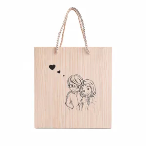 Wood grain paper gift bag with cute couple sketch and handles, perfect for Valentine's Day.