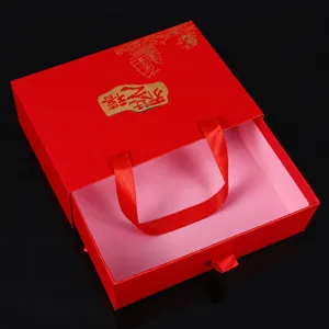 Red drawer gift box with ribbon handles gold hot stamped traditional design luxury packaging 1pc
