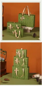 Scatola regalo a cassetto verde con manico in nastro e motivo rétro, ideale per confezioni di nozze.