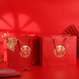 Red wedding gift bag with double happiness character, thick paper favor bag for event.