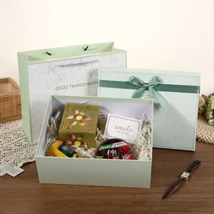 Fresh green gift box set with paper bag and bow, perfect for Valentine's Day and birthdays.