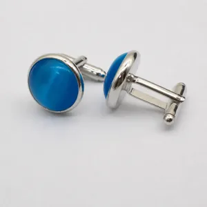 Men's minimalist business style round blue cat's eye stone metal cufflinks main product view.