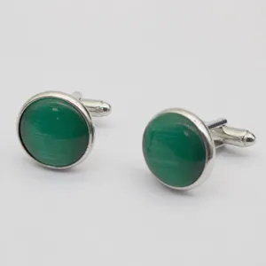 Classic round green stone cufflinks for men, elegant silver metal base business shirt suit accessories.