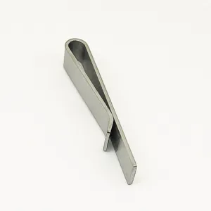 Stainless steel tie clip detail view, brushed metal finish, simple and sleek design.