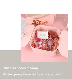 Pink octagonal gift box set with plush bunny and bouquet for romantic birthday and wedding
