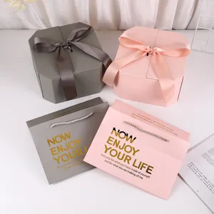 Creative octagonal gift boxes and bags set with satin ribbons for wedding, birthday, and party.