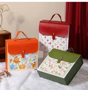 Detail shot of leather gift boxes with handle, floral pattern box body, elegant style.