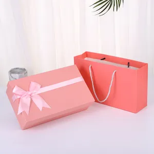 Pink Bow Gift Box Lid And Base Cardboard Gift Packaging Box With Handbag Ribbon For Birthday Party Festival Gift Wrapping