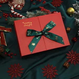 Christmas Red Gift Box Set With Green Ribbon Bow Portable Tote Bag Empty Packaging Box For Holiday Party Present