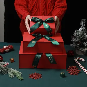 Christmas red gift boxes set with green ribbon for holiday present packaging empty box