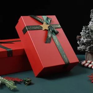 Red Christmas gift box with green ribbon and star decoration for holiday packaging 1pc