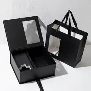 Black gift box set with clear window and ribbon handle for luxury candle flower packaging main