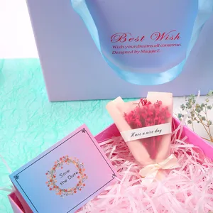 Pink blue gradient gift box packaging set with paper bag, dried flowers and card.