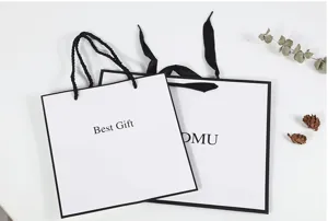 Detailed shot of white paper gift bag with black border and handle, minimalist packaging style.
