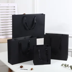 Minimalist Solid Black Gift Bag Thickened Cardboard Paper Bag With Ribbon Handle For Business Gifting Shopping Birthday Party