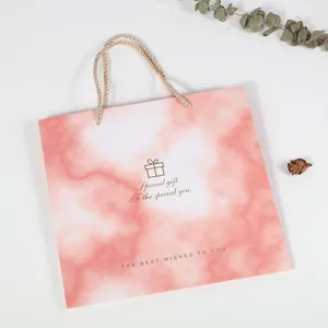 Pink Marble Paper Gift Bag Hot Stamping Blessing Words Tote Bag With Handles For Wedding Birthday Party Packaging