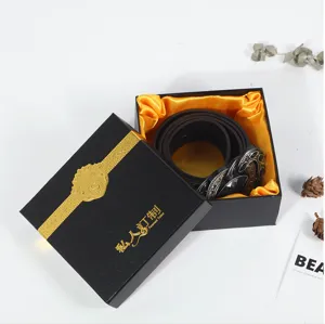 Luxury black gift box for leather belt with gold hot stamping, perfect business present.