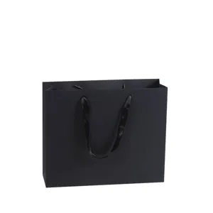 Large black gift paper bag with ribbon handles, thickened black card shopping bag for business.