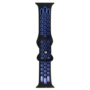 Cinturino per orologio sportivo in silicone compatibile Apple Watch, nero e blu traspirante.