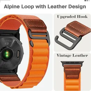 Bracelet de montre en nylon alpin avec cuir vintage et crochet pour montres connectées Garmin.