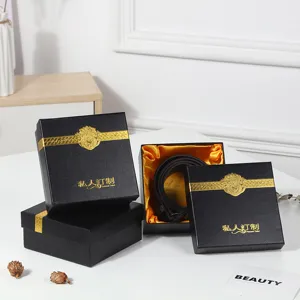 Premium black gift box for leather belts with gold hot stamping design, elegant business packaging.