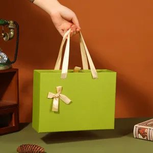 Retro green gift box with ribbon handles large rectangular empty box for cosmetics underwear socks