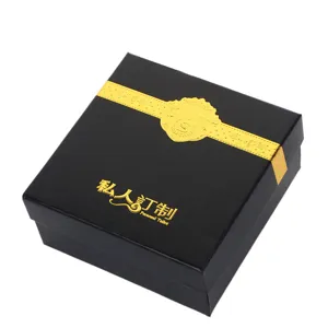 Luxury black leather belt box with gold stamping custom design business gift packaging.