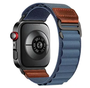Replacement nylon watch band with leather accent, compatible with smartwatches, durable loop.