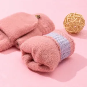Detailed view of women winter thick knit convertible half-finger gloves with smile pattern.